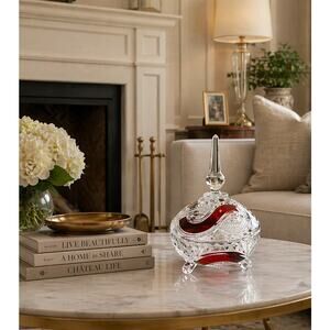 Vintage Clear & Red Overlay Cut Glass Covered Candy Dish